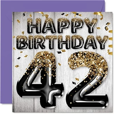 Image de Stuff4 Carte d&#039;anniversaire de 42 ans pour homme Ballons à paillettes noirs et dorés Cartes ans, papa, cousin, ami, frère, oncle, 145 mm x Cadeau
