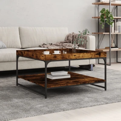 Afbeelding van Salontafel 80x80x45 cm bewerkt hout en ijzer gerookt eikenkleur