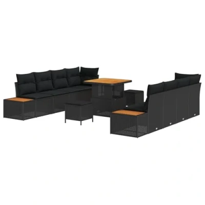 Afbeelding van vidaXL 11 delige tuinbankenset met kussens zwart poly rattan acacia