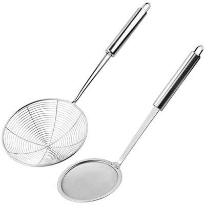 Afbeelding van Vesaneae Set van 2 schuimpels roestvrij staal, 10/15,5 cm roosterzeef met lange handgreep, fijne zeef, schuimlepel, voor keuken, filterskims fat scum, skimming vet schuim