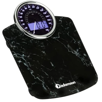 Afbeelding van Adamson 2 in 1 hybride + digitale en analoge personenweegschaal tot 180 kg groot display met achtergrondverlichting robuust gehard glas eenvoudig aflezen nieuw 2024 zwart marmer