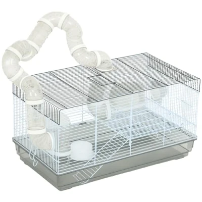 Afbeelding van PawHut Kooi voor hamsters en knaagdieren met tunnel, accessoires inbegrepen, handgreep, staaldraad, 58 x 32 31 cm, grijs