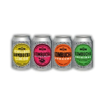 Image de Mūn Kombucha Pack Mix 12 x 330 ml Thé écologique et avec probiotiques naturels biologique, non pasteurisé, sans sucre faible en calories Canette BPA Rafraîchissant
