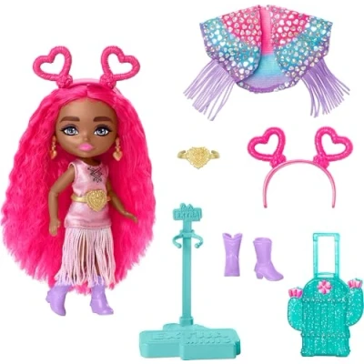Afbeelding van Barbie HPB19 extra Mini Festivalpop, 14 cm, cool, reizen, met woestijnoutfit, franjes en accessoires voor vakantie, inclusief sokkel, speelgoed kinderen, jongeren, vanaf 6 jaar