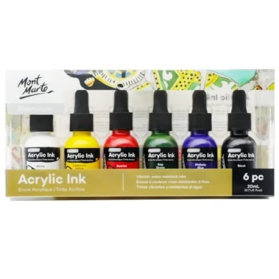 Afbeelding van MONT MARTE 6 x 20 ml premium acrylinkt voor kunstenaars, essentiële kleuren, ideaal airbrush, kunst, scrapbooking, inkttekenen, gemengde technieken