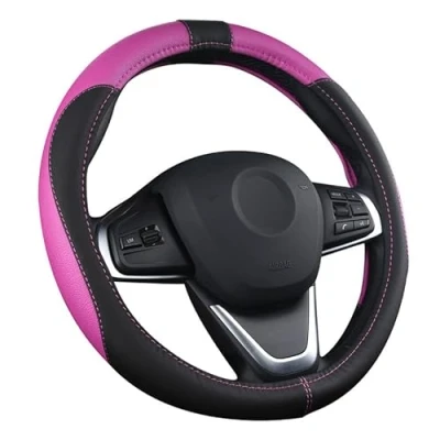 Afbeelding van OFZVEO Universele lederen stuurhoes 37 38 cm / 15 inch antislip ademend duurzaam (roze)