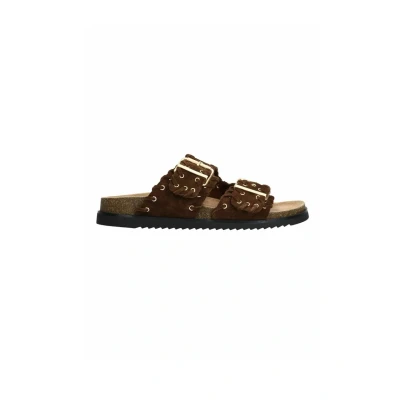 Afbeelding van Sacha Dames Donkerbruine suède slippers met goudkleurige buckles Maat 36