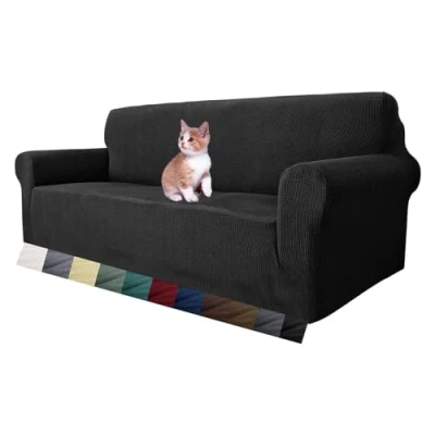 Afbeelding van MAXIJIN Rekbare bankhoes, voor 3 zitsbank, universeel, woonkamer, jacquard, meubels, bescherming honden, huisdieren, vriendelijke bank, zits, zwart