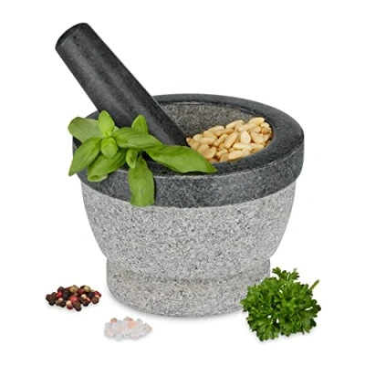 Afbeelding van Relaxdays vijzel met stamper graniet 14 cm mortier steen aanrecht keuken