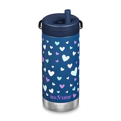 Afbeelding van Klean Kanteen schoolbeker, TwistCap Straw, 355 ml RVS Navy Hearts Rietjesbeker voor school en onderweg