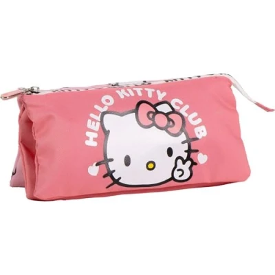 Afbeelding van Trousse 3 compartiments Hello Kitty scolaire triple avec fermeture éclair et design officiel kitty, idéale pour ranger stylos, crayons accessoires de papeterie, Licence