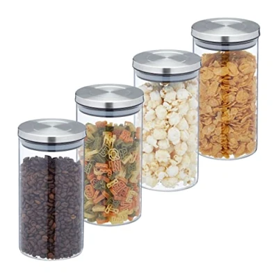 Afbeelding van Relaxdays voorraadpot rvs deksel 1000 ml set van 4 opbergpot pasta bewaarpot glas