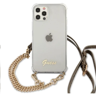 Afbeelding van Guess PC Script Back Case met Crossbody Schouderkoord Transparant Apple iPhone 12/12 Pro (6.1&quot;) Goud