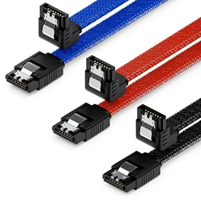 Afbeelding van deleyCON 3 x 50 cm SATA nylon kabelset datakabels 6 Gbit/s aansluitkabels moederbord harde schijf HDD SSD 1 S ATA connector 90 hoek zwart blauw rood