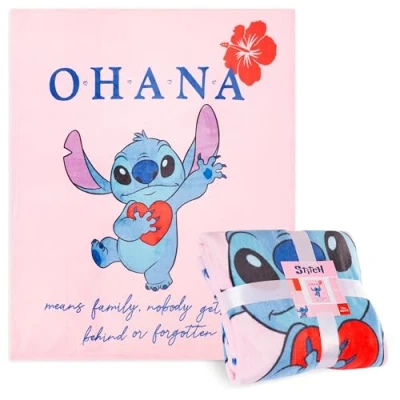 Afbeelding van Disney Fleecedeken voor kinderen, jongeren, 150 x 130 cm, Stitch, deken, Spiderman, Star Wars, Baby Yoda (roze stik)