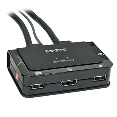 Afbeelding van Lindy HDMI KVM Switch 2 Port USB 2.0 Compact. 3D en geschikt voor Audio microfoon, schakelaars, Zwart
