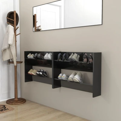 Afbeelding van Wandschoenenkasten 2 st 80x18x60 cm spaanplaat hoogglans zwart