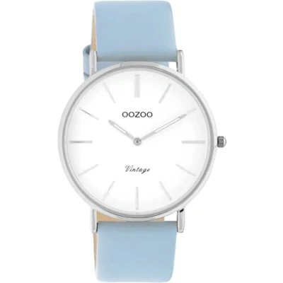 Afbeelding van OOZOO Vintage series Zilveren horloge met licht blauwe leren band C20216