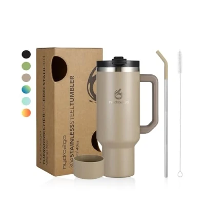 Afbeelding van hydro2go® Thermosbeker, 1200 ml, koffiebeker to go, thermosbeker met handvat en rietje, reisbeker autobeker voor warme koude dranken (Greige, ml)