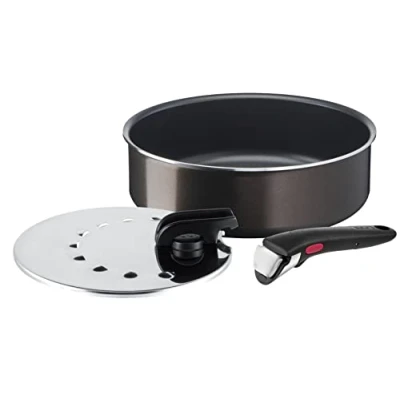 Image de INGENIO L1509002 Lot de 3 pièces, Sauteuse 24 cm + Couvercle Poignée, Pas d&#039;induction, Antiadhésif, Fabriqué en France