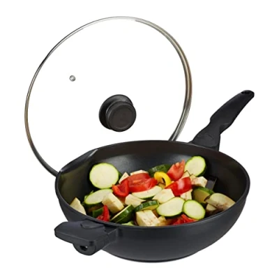 Afbeelding van Relaxdays wokpan met deksel 30 cm wok antiaanbaklaag 4 liter steelwok handgreep