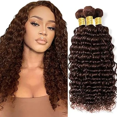 Image de Tuheerst Deep Wave Human Hair Bundles #4 Chocolate Brown Extensions Real Sew in Extension 3 Double Weft Remy Low Shedding for Woman 32 Inch