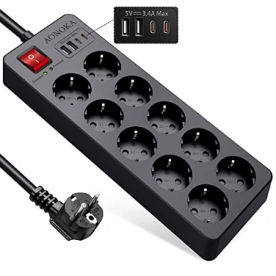 Afbeelding van stekkerdoos met 10 stopcontacten, overspanningsbeveiliging, 1700 joule, meervoudig stopcontact, USB C, schakelaar, kantoor, wandcontactdoos, 4 oplader, verlengkabel 1,5 m, zwart