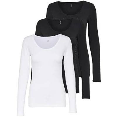 Afbeelding van ONLY Set van 3 basic T shirts met lange mouwen voor dames, zomerkleding, zwart/wit, 95% katoen, maat XS, S, M, L, XL, 15209156, dozen in verschillende kleuren