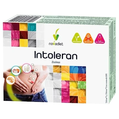 Afbeelding van Novadiet Intoleran Enzymatische tabletten Verbetert de spijsvertering van Gluten, Lactose en Plantaardige Voeding Bevordert 30 omhulde