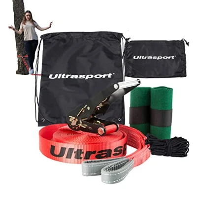 Afbeelding van Ultrasport slackline met ratel incl. draagtas, voor beginners, kinderen en gezinnen, in twee formaten, beschikbaar zonder boombeschermer, slacklineset, fitnessslackline, 25m