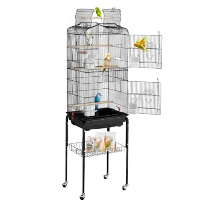 Afbeelding van VEVOR Grote vogelkooi 45,7 x 35,5 151 cm parkietenkooi met open bovendeel, beweegbare standaard, 4 schatten, valkparkietkooi, huisdierspeelgoed, zwart