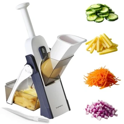 Afbeelding van SUPMAKIN Veiligste mandoline groentesnijder, aardappelchipsnijder, multifunctionele groentesnijder met 4 snijmodi om te snijden, in blokjes hakken, Julienne, beste keukengadgets ooit blauw