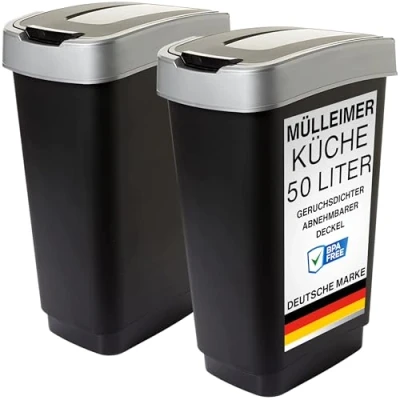 Afbeelding van 2friends Duo Keukenafvalemmer, 2 vakken, 50 liter, dubbele vuilnisemmer met kanteldeksel, geurwerend, x groot, 60 45 34 cm, robuuste en recyclebare kunststof,