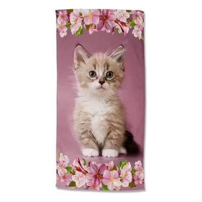 Afbeelding van Good Morning Kinderstrandlaken &quot;kitten poes met bloemen&quot; Roze (75x150 cm) Microfiber