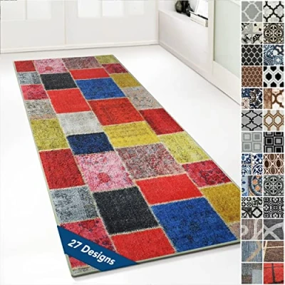 Afbeelding van Floordirekt Tapijt met fijne lussen op maat, patroon, voor keuken, hal en woonkamer, vintage ornament, oosters raster (80 x 250 cm, veelkleurig Monsano)