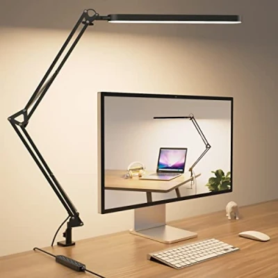 Afbeelding van SKYLEO Led bureaulamp, architectenlamp, 80 cm, 5 kleurmodi x 11 helderheidsniveaus, 1300 lm, verstelbare draaibare arm, timer en geheugenfunctie, 12 W, zwart
