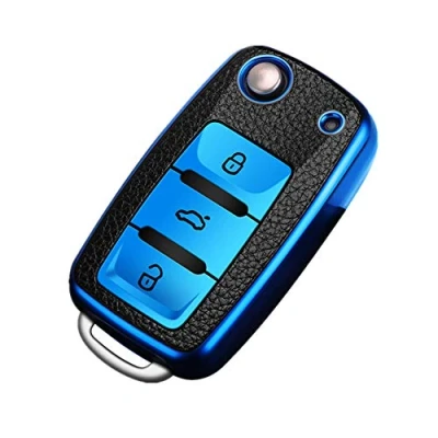 Afbeelding van Happyit Autosleutelhoes TPU + leer voor Volkswagen VW Bora Beetle Tiguan Polo Passat B5 B6 MK5 6 Jetta Eos SEAT Sagitar Golf 3 knoppen (blauw)