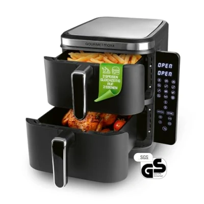 Afbeelding van GOURMETmaxx FryUp verticale heteluchtfriteuse met dubbele kamer, airfryer, opvouwbaar touchscreen, 32% ruimtebesparend, inhoud 10 l, heteluchtfriteuse, 2 vakken
