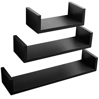 Afbeelding van WOLTU RG9239sz Set van 3 zwevende U vormige planken voor cd&#039;s, dvd&#039;s, speelgoed, boekenkast, verborgen houten wandplank, decoratie thuis, plank, 60 cm/45 cm/30 cm lang, zwart