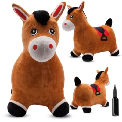 Afbeelding van Opblaasbaar springdier, speelgoed voor kinderen van 1 jaar binnen en buiten, ergonomisch design, handpomp inbegrepen (bruin pluche paard)