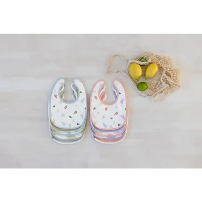 Afbeelding van LÄSSIG Ensemble de bavoirs pour enfants (5 pièces) avec fermeture Velcro en coton imperméable/Value Pack Bib Happy Fruits Peach pastel lilac