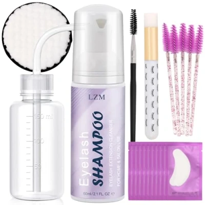 Afbeelding van LZM Wimperverlenging, shampoo, wimpershampoo, 60 ml, spoelfles + reinigingsborstel 10 paar patches onder de ogen make up pad, wimperverlenging