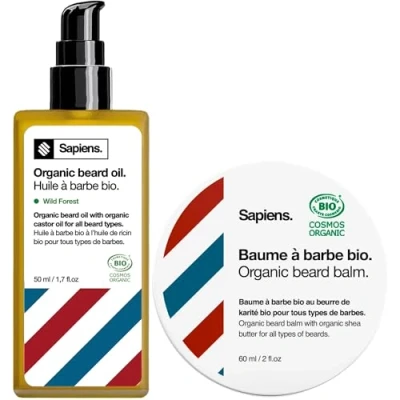 Afbeelding van Sapiens Duo Soin Barbe Homme Bio Fabriqué en France Huile à 50 ml + Baume 60 Soins de Ricin Favorise la Pousse et Hydrate