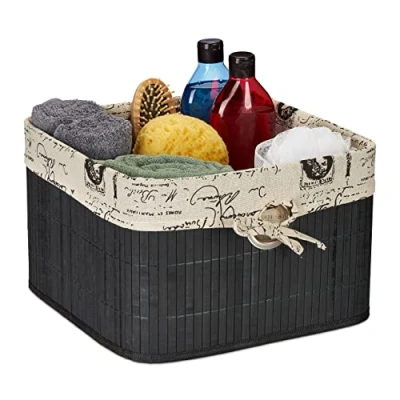 Afbeelding van Relaxdays opbergmand bamboe stof kastmand klein vierkant badkamer mand handgreep