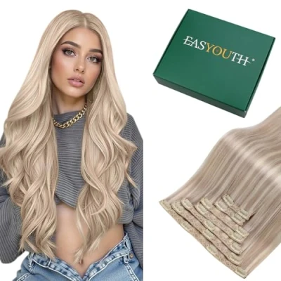 Afbeelding van Easyouth Clip in Extensions, echt haar, blond, dubbel geweven, asblond, Remy 7 stuks, 70 g, 35,6 cm