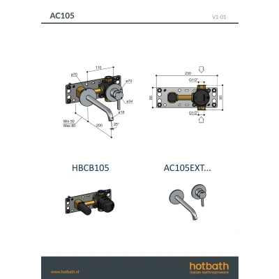 Afbeelding van Hotbath Afbouwdeel t.b.v. inbouw wastafelmengkraan met 20cm uitloop Geborsteld Messing PVD AC105EXTBBP