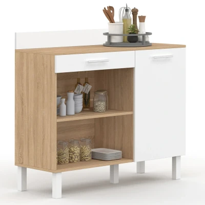 Image de Buffet bas de cuisine 100 cm CINA plan travail H.83 1 porte + tiroir façon hêtre et blanc IDMarket