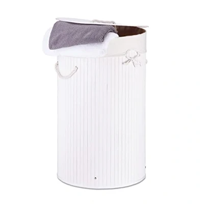 Afbeelding van Relaxdays wasmand bamboe wasbox met deksel 70 liter rond 65 x 41 cm wit