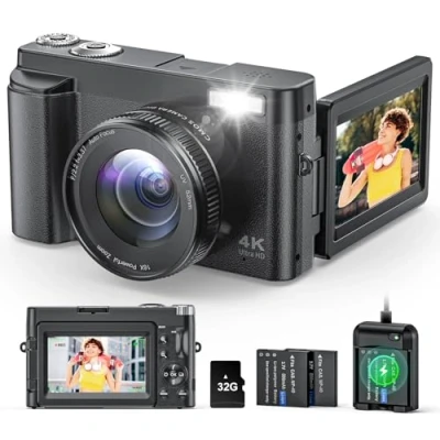 Afbeelding van 4K 48MP digitale camera met 32 GB kaart, compacte 3 inch opvouwbaar display, autofocus, flitser, vlog selfies voor beginners