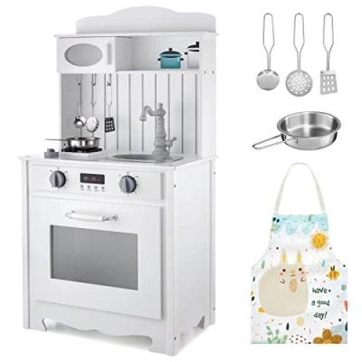 Afbeelding van Mamabrum Witte houten keuken met schort, accessoires en LED lamp